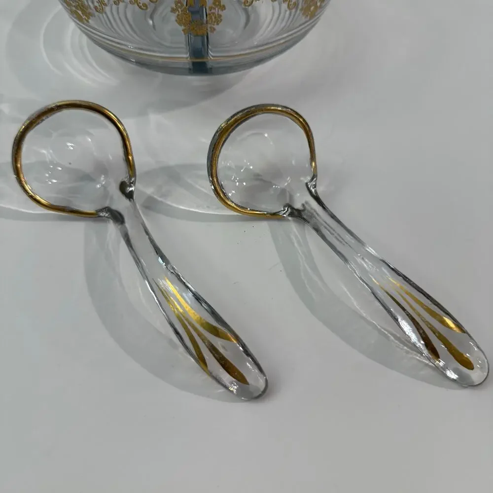 Glass Bowl and 2 Serving Spoons Gold Inlay Floral Divided Serving 3 x 6